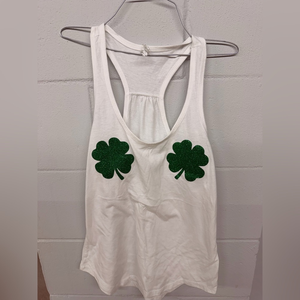 White Racerback Tank with Green Clovers
